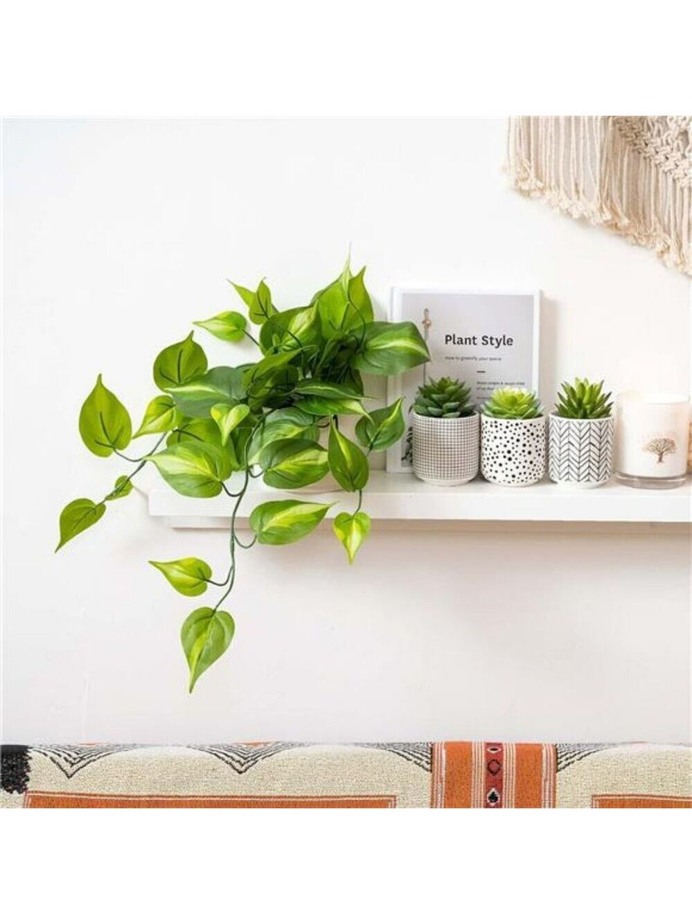 Artificial pothos plant faux trailing ivy in ceramic pot shelf decor indoor outd